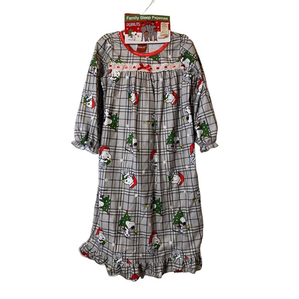 New Girls Peanuts Christmas Flannel Granny Nightgown Pajamas Snoopy‎ Plaid Sz 4